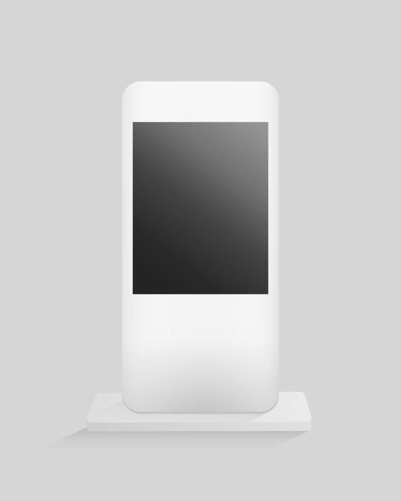 Digital gadget on stand. White device with dark lcd screen and communication wireless smart technology. vector