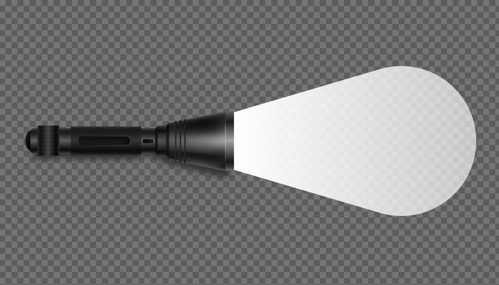 Flashlight with light on isolated template. Realistic black pocket device illuminates surface vector