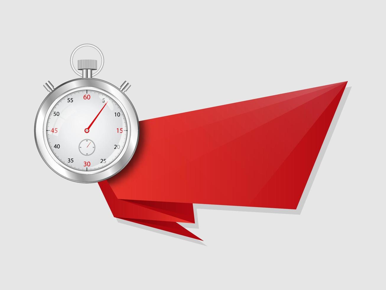 Stopwatch with banner. Red ribbon template with clock symbol for creative advertising decoration specials timer sale or emergency vector delivery form.