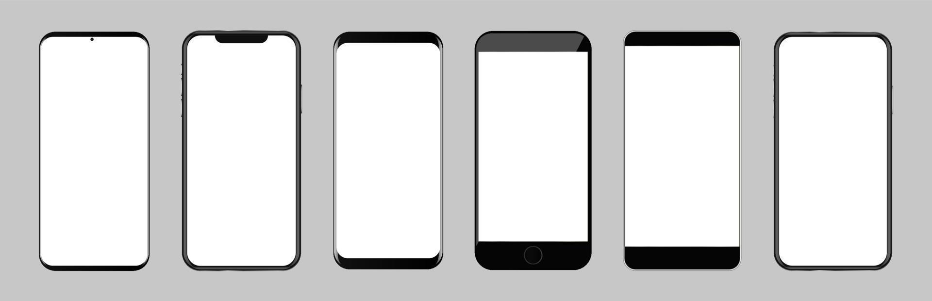 Bundle of smartphones, mobile phones or cellphones with different frames, borders or bezels. Collection of electronic device or gadget mockups. Modern realistic vector illustration for branding.