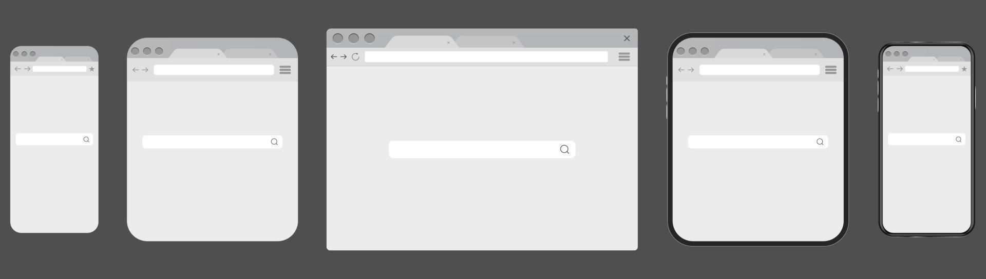 Web search engine window on computer, tablet PC or smartphone screens. Internet or online browser interface on displays of mobile electronic gadgets or devices. Modern realistic vector illustration.