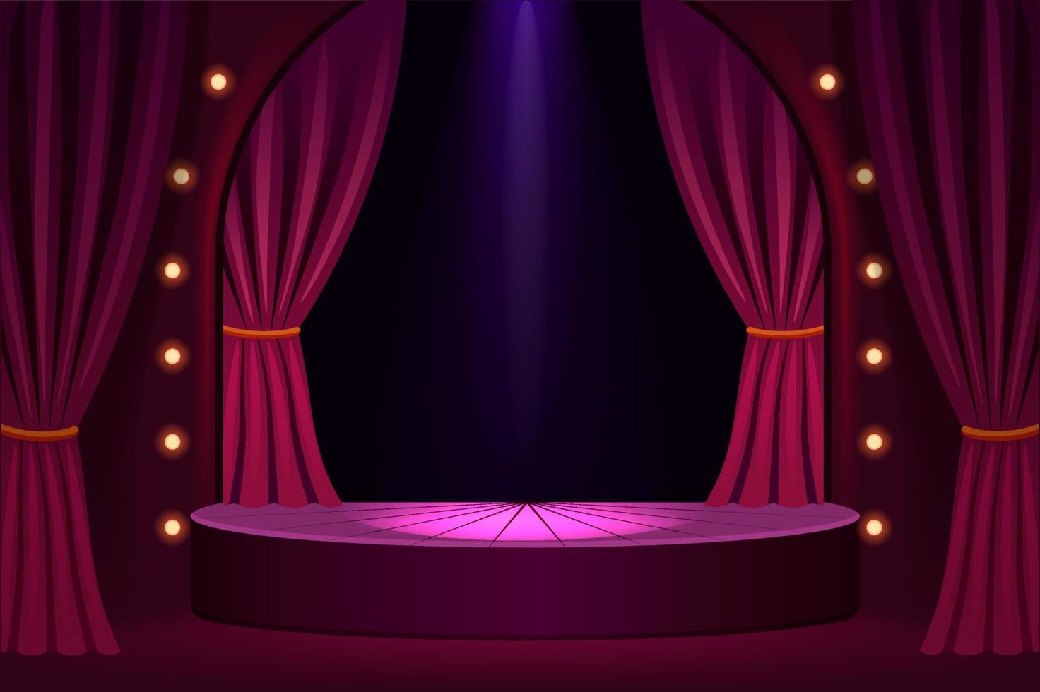 Stage podium in concert hall template. Festive show in trendy club with velvet curtains and stage lights vintage presentation in vector theater