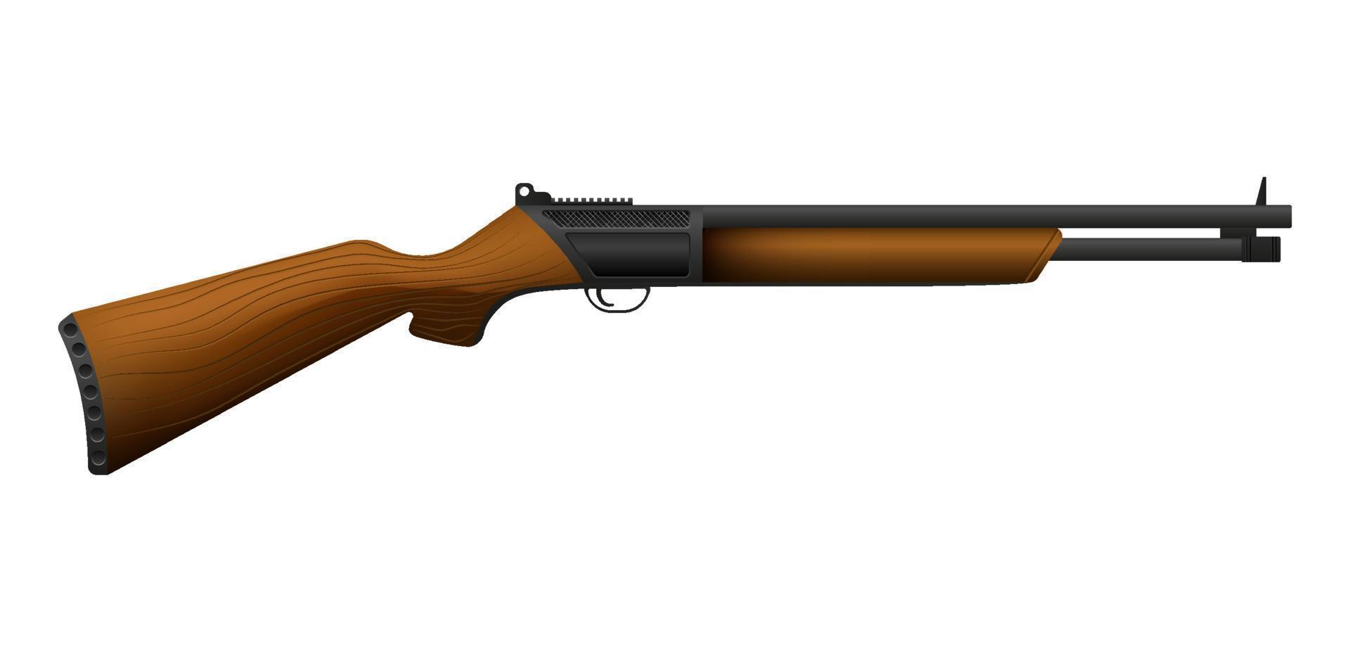 Pump shotgun. Rifle with wooden stock shooting shotgun shells and explosive cartridges war and hunting vector equipment