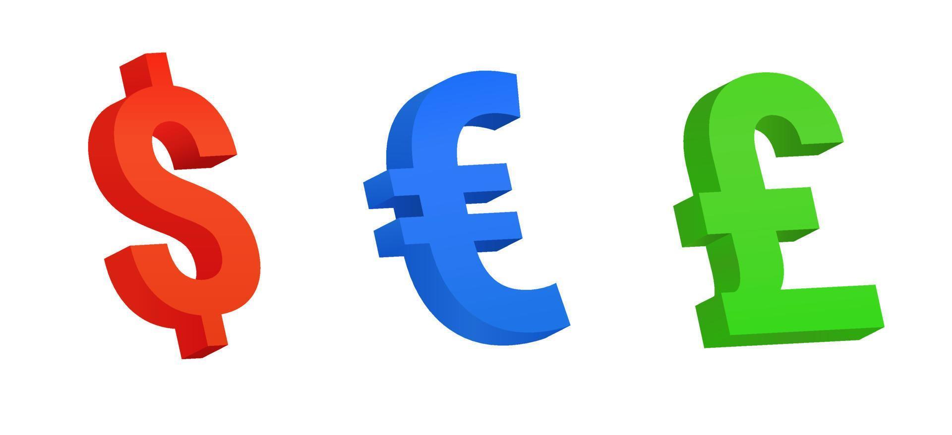 Colored currency symbols. Volume 3d signs of red dollar and blue euro green pound sterling banking currency economic yellow vector wealth design