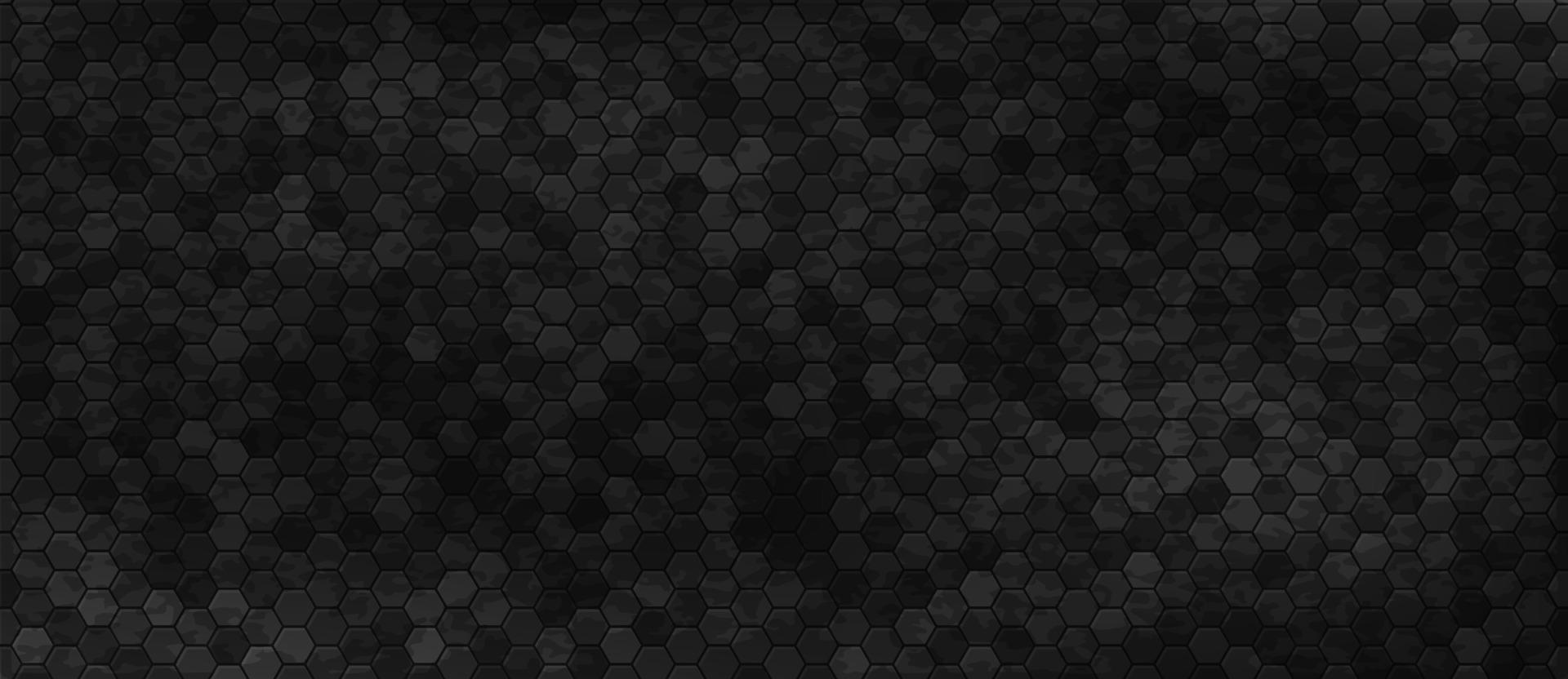 Black wall with hexagon tiling. Dark background with carbon hexagonal tiles or polygonal cells. Abstract geometric backdrop with honeycomb pattern or texture. Modern monochrome vector illustration.