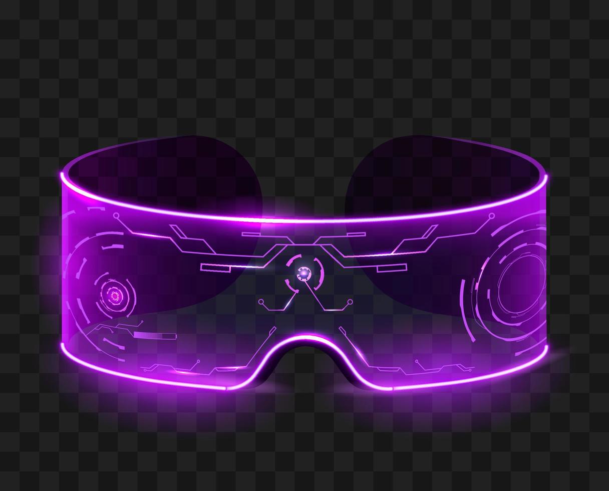 Techno glasses isolated. Purple cyberpunk digital futuristic devices for online travel and video viewing. vector