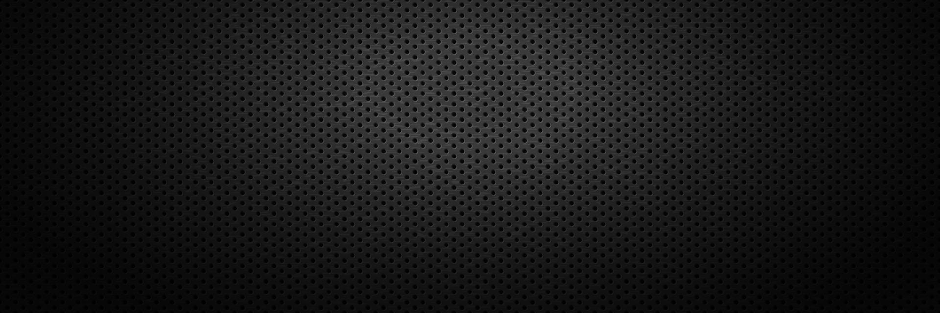 Black metal perforated backdrop with spot of light. Surface of metal plate with round holes. Dark industrial background with perforation. Abstract banner with dots. Monochrome vector illustration.