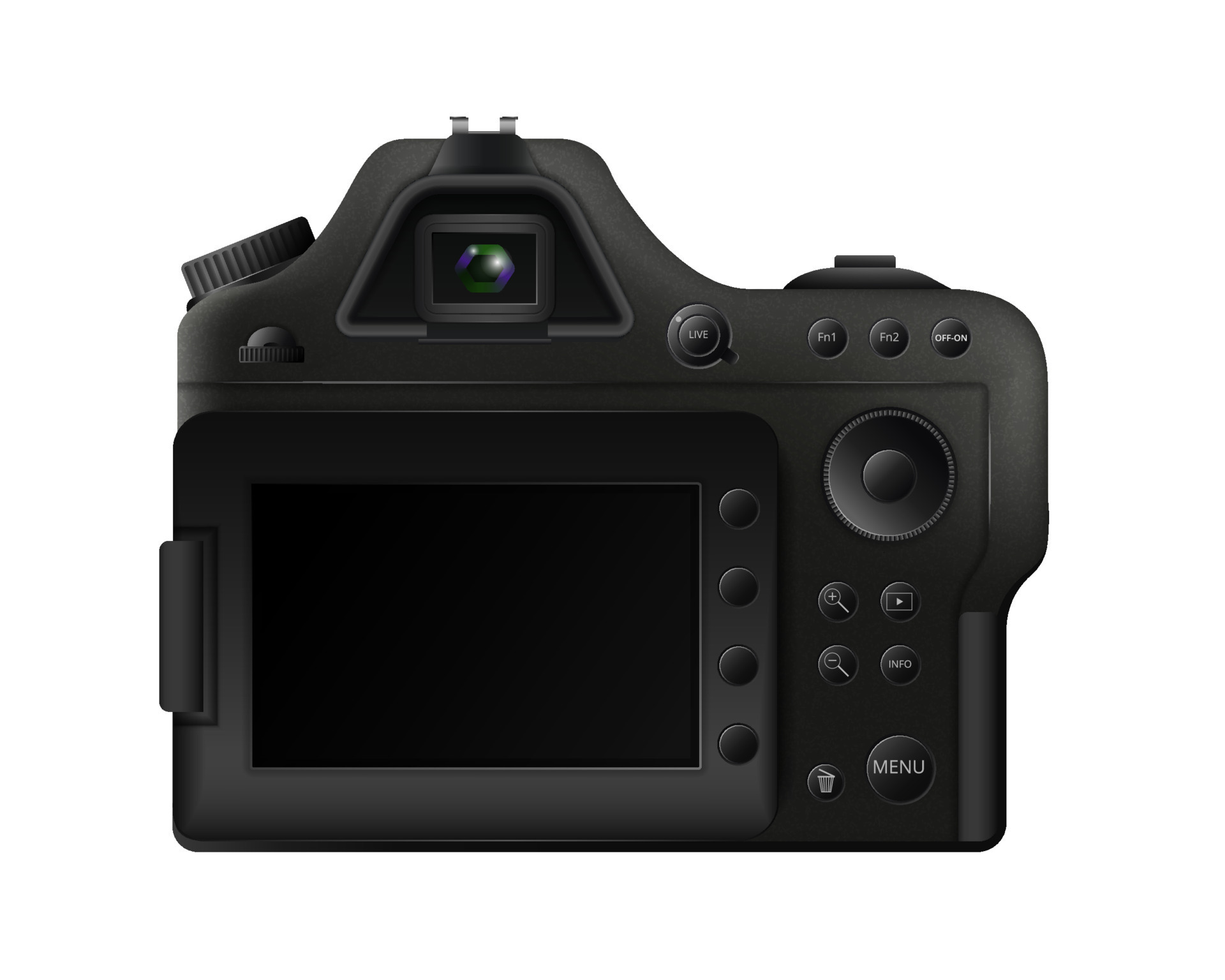Black digital camera template. Professional gadget with push button Black digital camera template. Professional gadget with push button