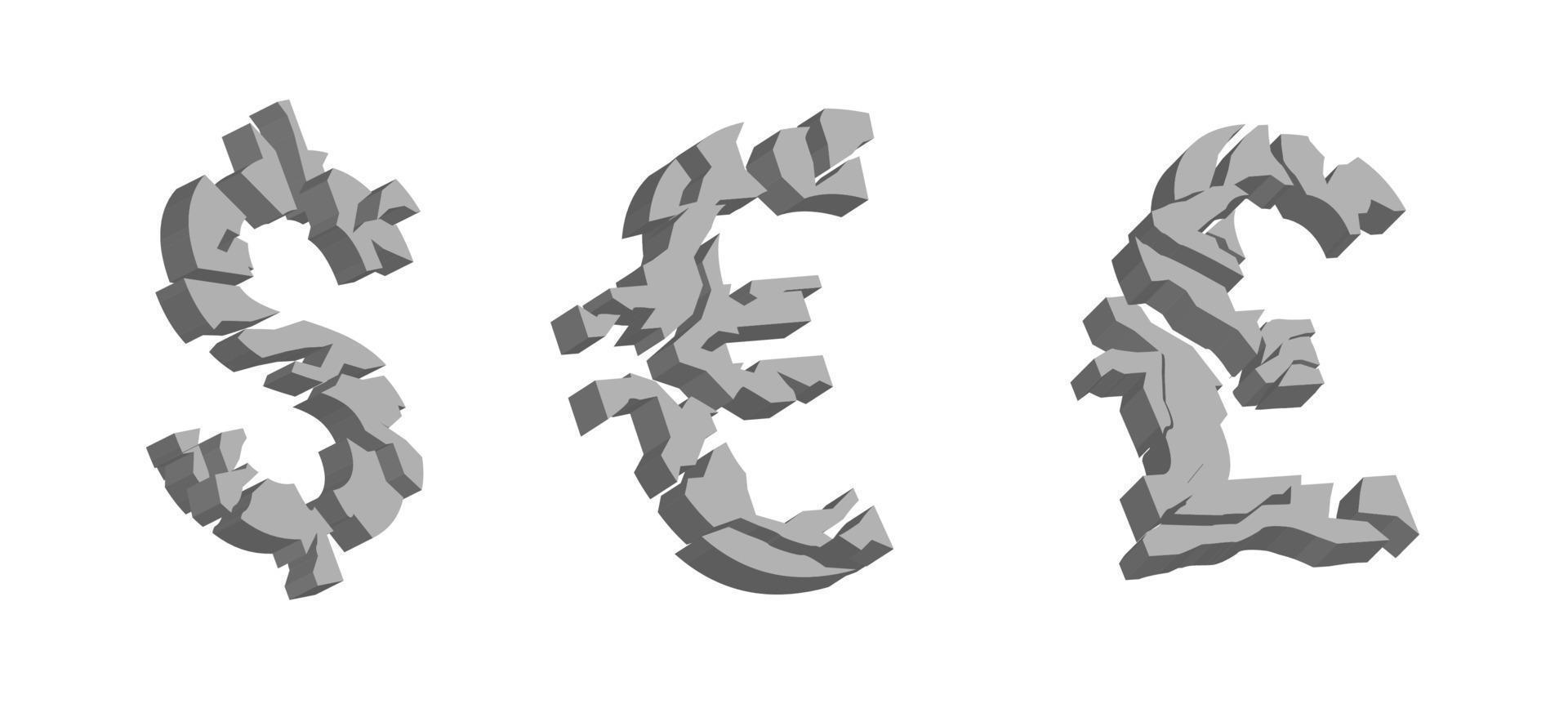 símbolos de moneda rotos. volumen 3d agrietado signos de dólar y euro colapso libra esterlina moneda bancaria devaluación económica vector diseño de bancarrota