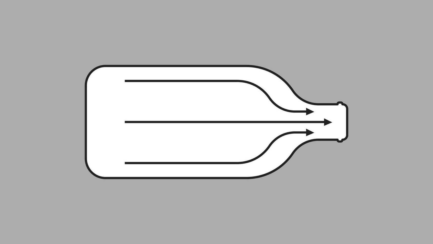 Bottleneck bottle. Arrows for direction of liquid exit from bottle narrowing neck of glass container for easy pouring and drinking convenient shape for transportation and vector transfer.