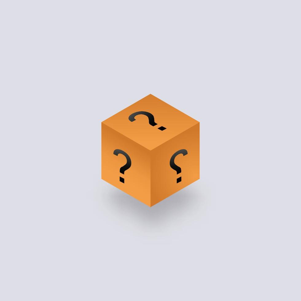 Secret mystical box isometry. Yellow cubic packaging with question marks unknown package gift help with frequently asked questions mysterious container with vector surprise.