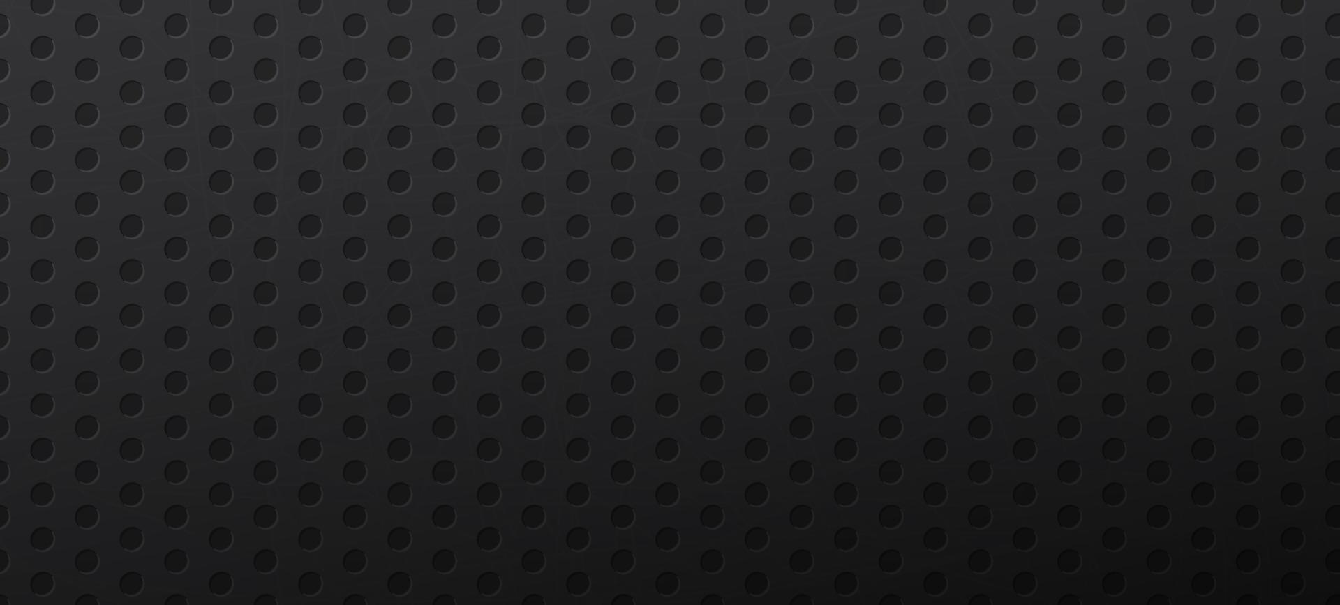 Black background with round holes or polka dot. Abstract carbon backdrop template with circular spots or perforation. Dark industrial banner with circles. Modern monochrome vector illustration.