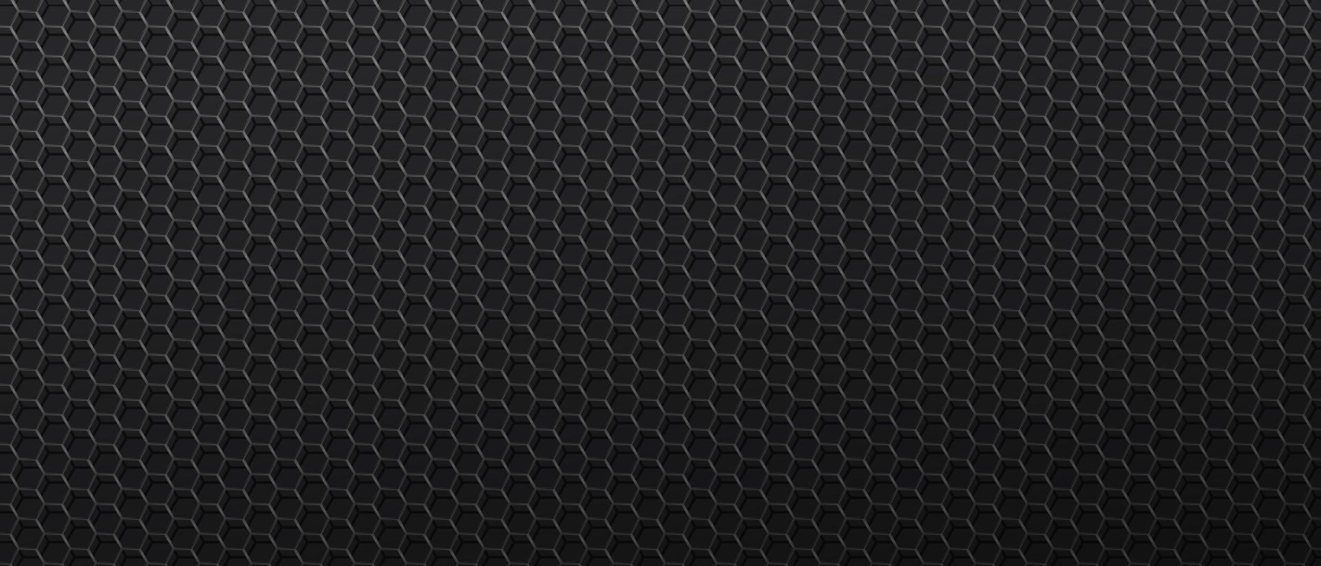 Black background with metal mesh with hexagonal cells. Decorative dark backdrop with metallic polygonal grid or net. Minimal banner with abstract pattern. Modern monochrome vector illustration.