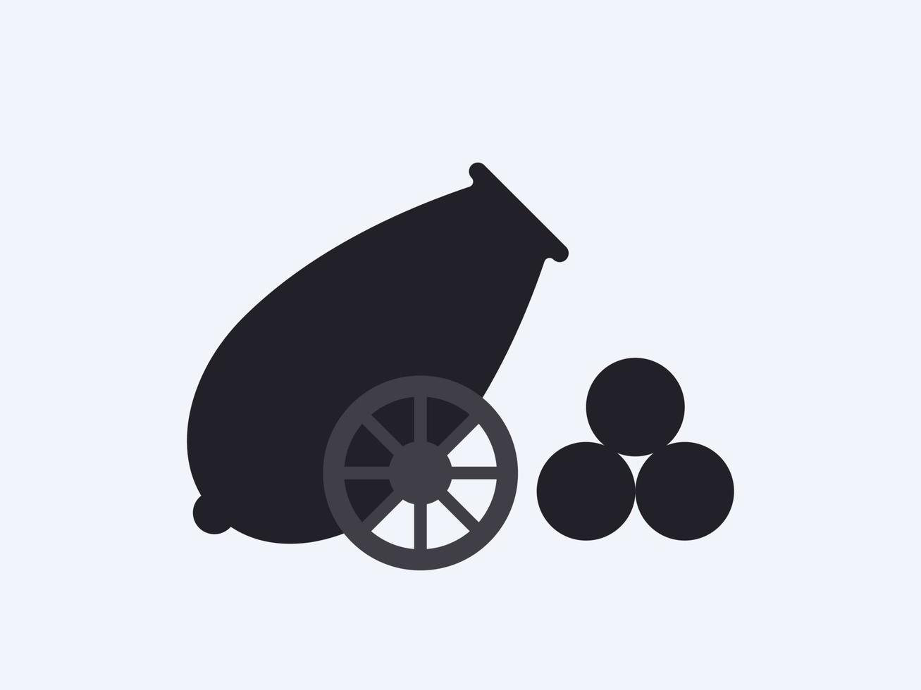 Fighting retro gun with cannonballs. Military black weapons of antiquity with muzzle loading old artillery model for fighting distance medieval historical battles and destruction vector castles.