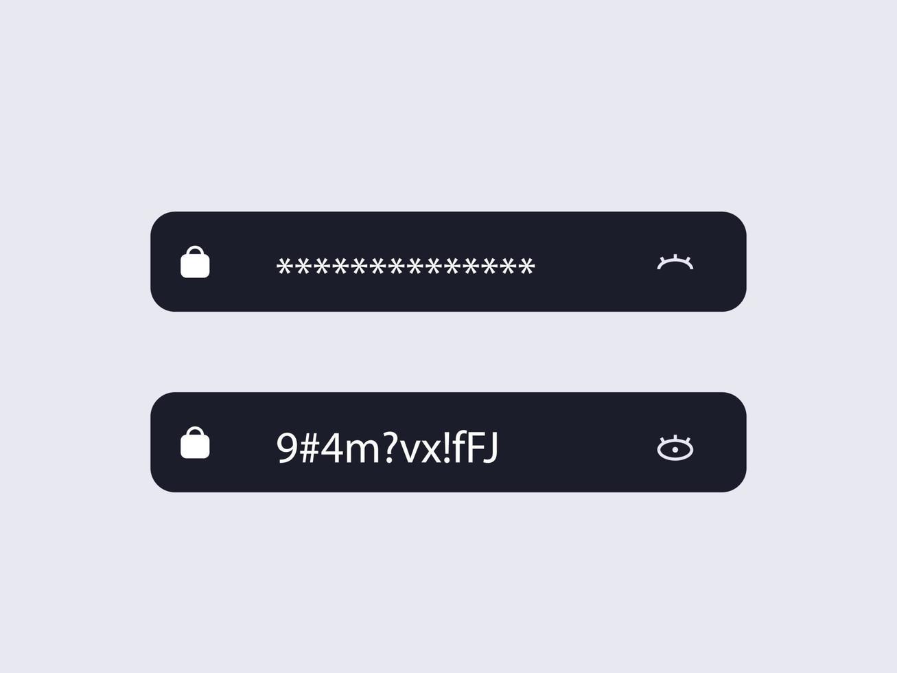 Hidden password and visible. Black frames with closed symbols with asterisks and eye and open with spelled font protecting personal data from hackers and vector strangers.