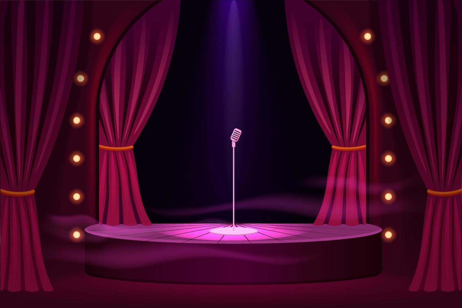 Stage for performances with microphone template. Podium show in trendy club with velvet curtains and stage lights vintage presentation in vector theater