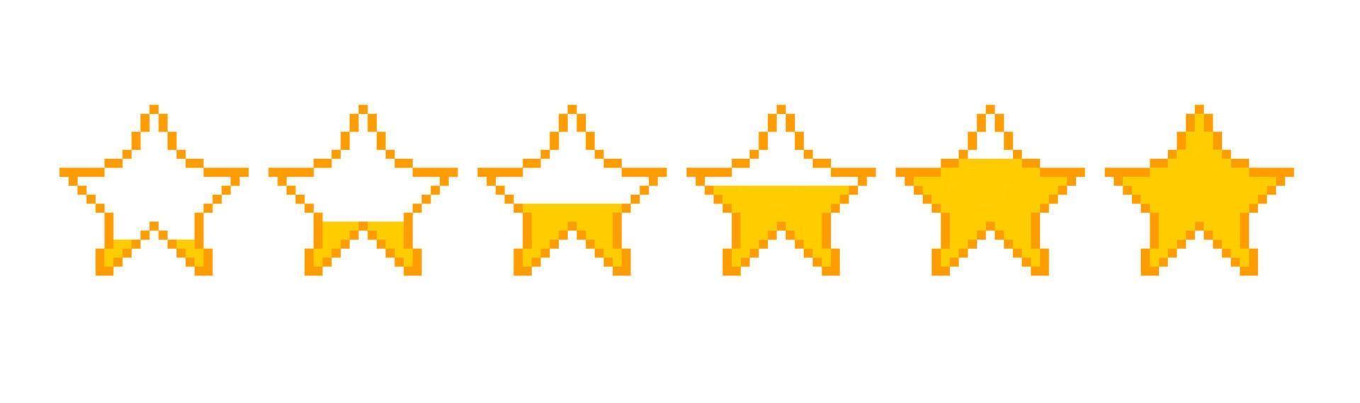 Game bar filling stars. Steps of energy storage in empty and gradually full pixel star graphical mobile interface colorful indicator of game rating and vector award.