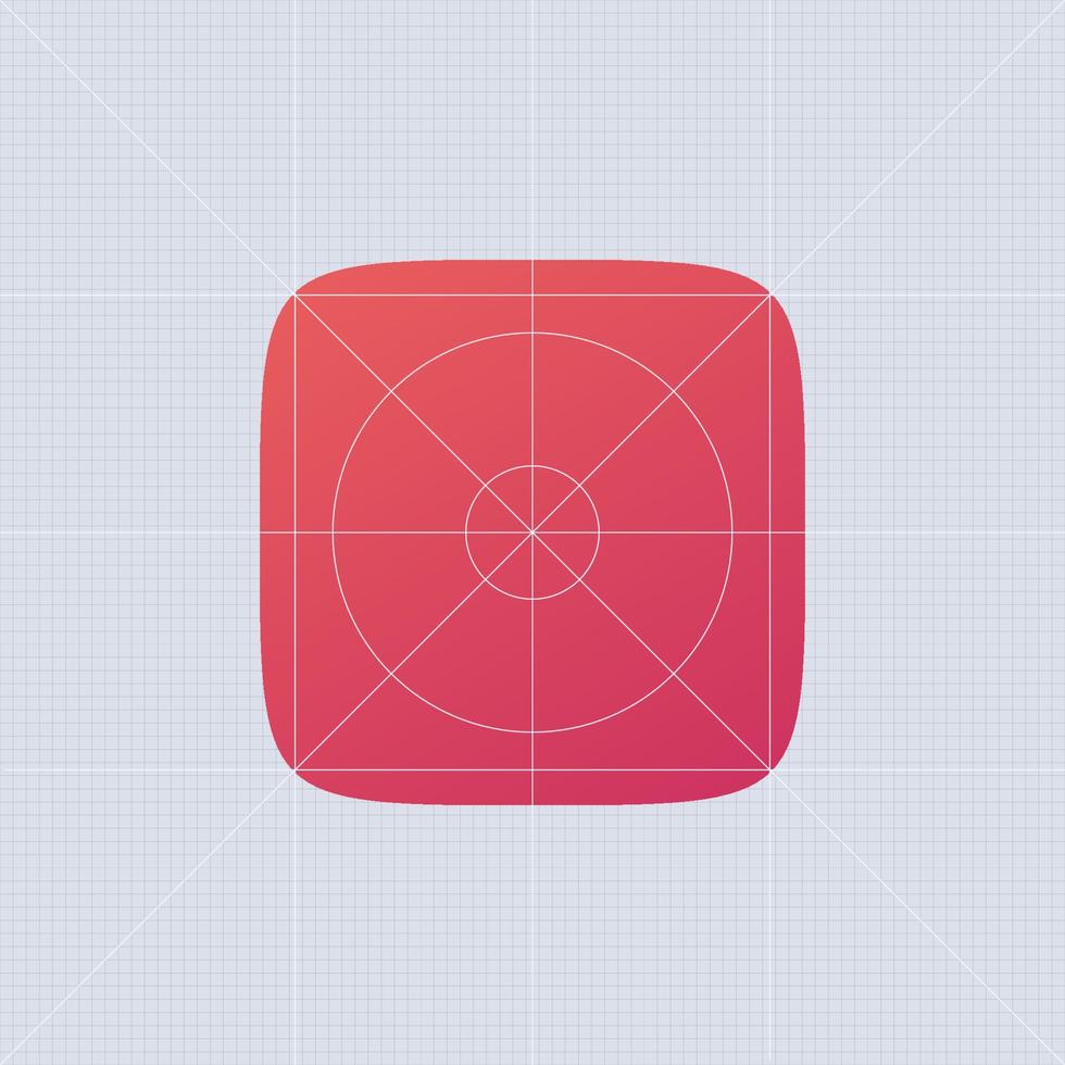 Superellips app ios template. Red ui button sign with rounded design smartphone application gradient with mesh minimalism trendy graphic circle with divergent vector rays banner.