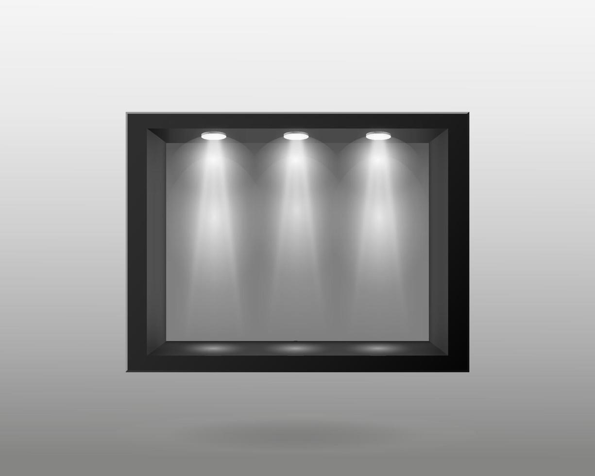 contenedor negro con vidrio y con plantilla de iluminación interior vector