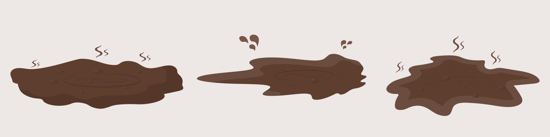 Puddles of mud set. Spilled puddle of brown chocolate color surface splashed with coffee wet dunks mud swamps drawn geometric vector drops.