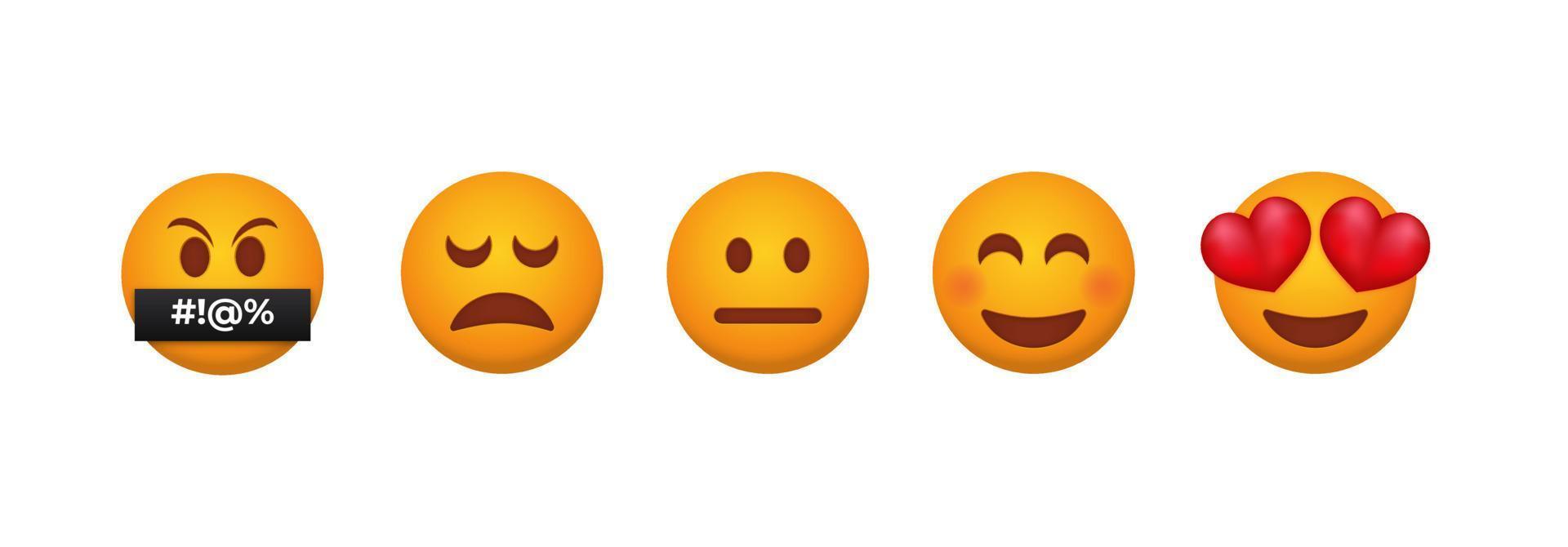 Customer feedback emoticons. Testimonial from each client reaction service from admiration with eyes with hearts to obscene expressions about quality of product emotional vector changes.