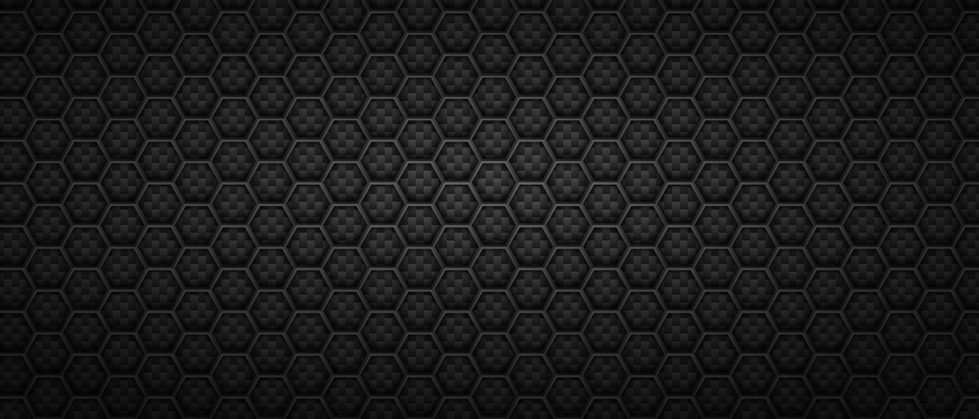 Technological hexagonal black background. Geometric polygonal tiles laid in abstract rows in monochrome vector minimalism.
