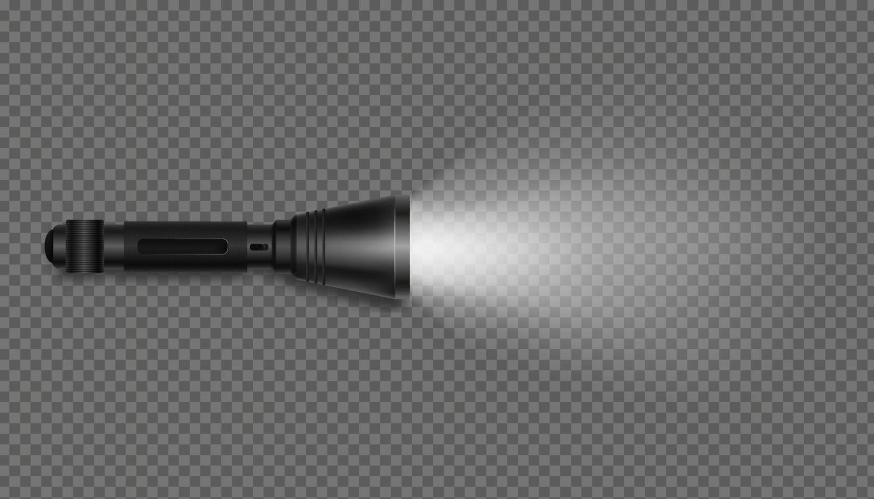 Black flashlight with light on isolated template. Realistic pocket device illuminates surface with beam vector