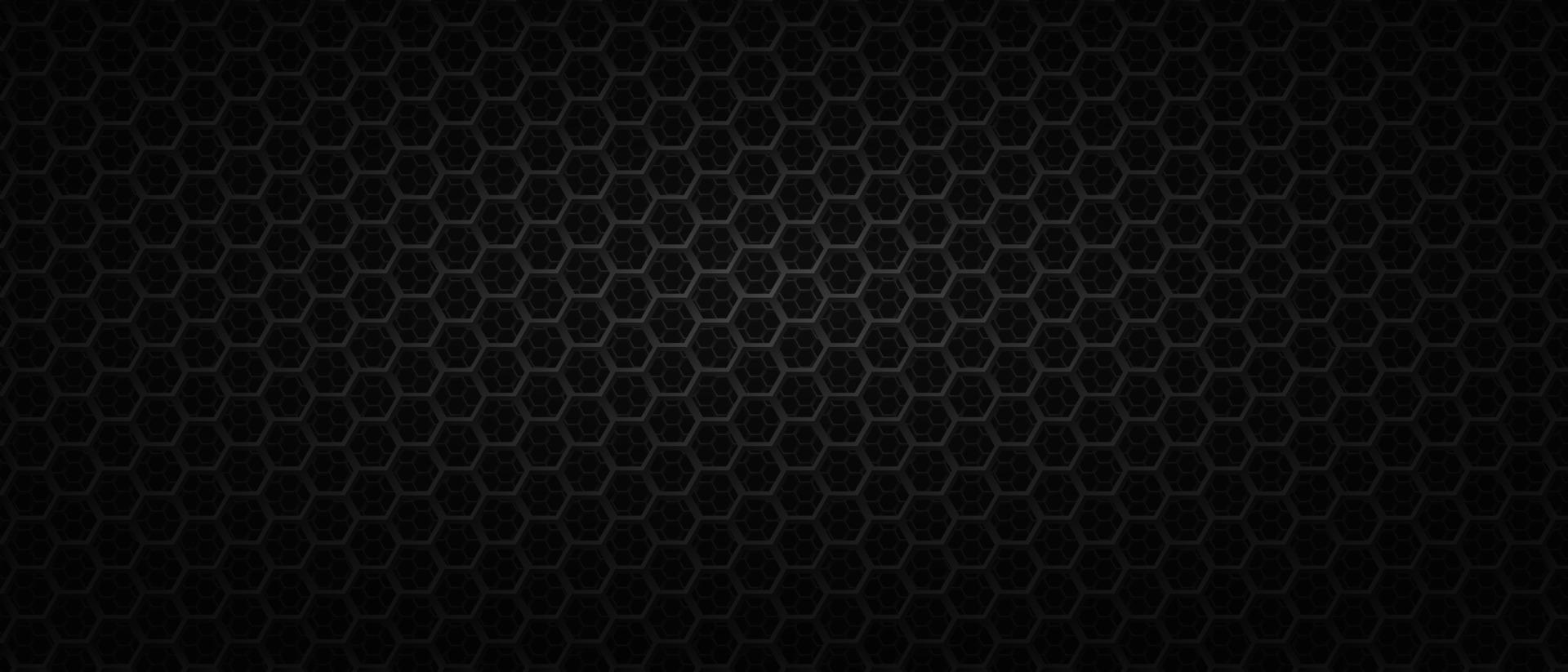 Black backdrop with metal hexagonal wire. Dark background with carbon polygonal net or grid. Futuristic geometric banner template with polygonal cells. Modern monochrome vector illustration.