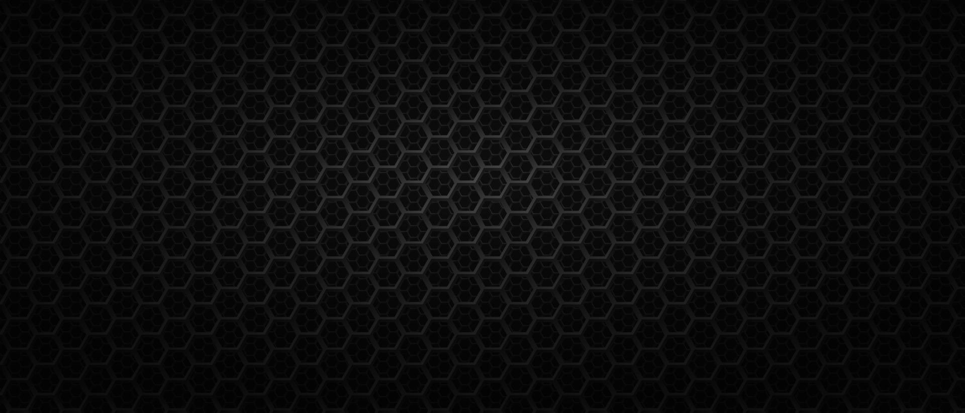 Black backdrop with metal hexagonal wire. Dark background with carbon polygonal net or grid. Futuristic geometric banner template with polygonal cells. Modern monochrome vector illustration.