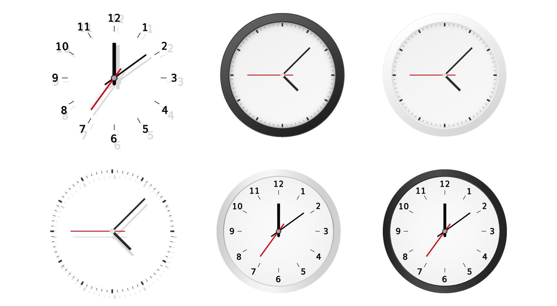 Collection of round analog dial clock faces with hour, minute and second hands isolated on white