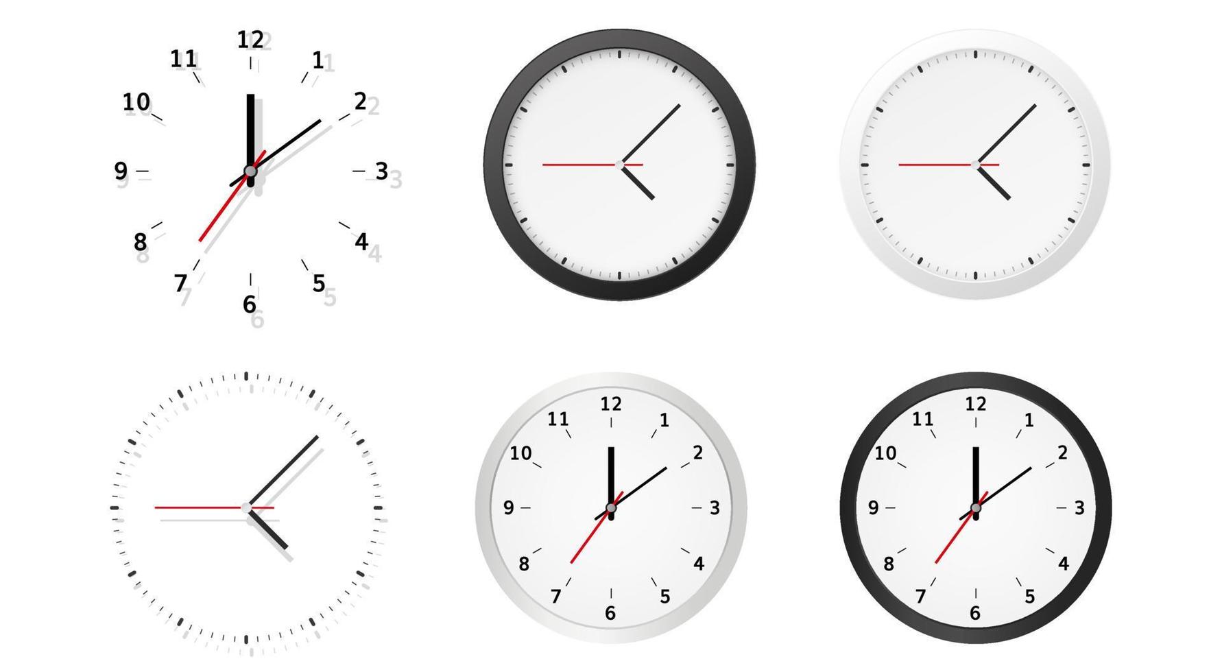 Collection of round analog dial clock faces with hour, minute and second hands isolated on white background. Time indication. Modern realistic vector illustration.
