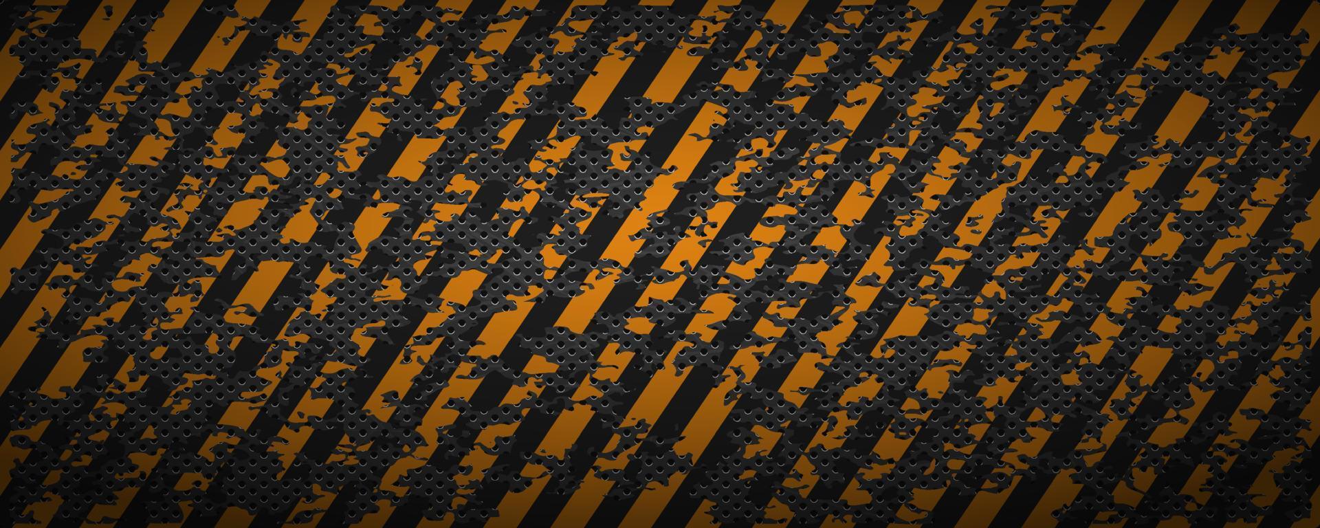 Metal background with round holes and orange diagonal stripes. Dark industrial backdrop design template with dots. Metallic striped perforated plate. Modern vector illustration for decoration.