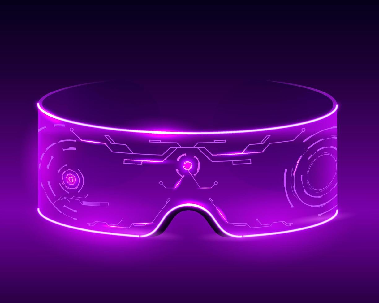 Neon techno glasses. Futuristic purple cyberpunk digital devices for online travel and video viewing. vector