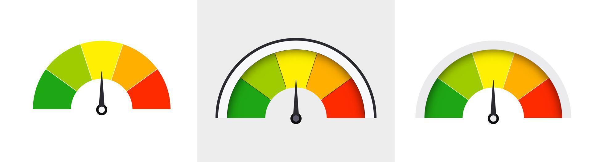 Conjunto de indicadores de velocímetros. sensores de color para medir la velocidad y el dial de potencia de un panel de control de automóvil gráfico de clasificación de combustible interfaz de escala de tacómetro vectorial. vector