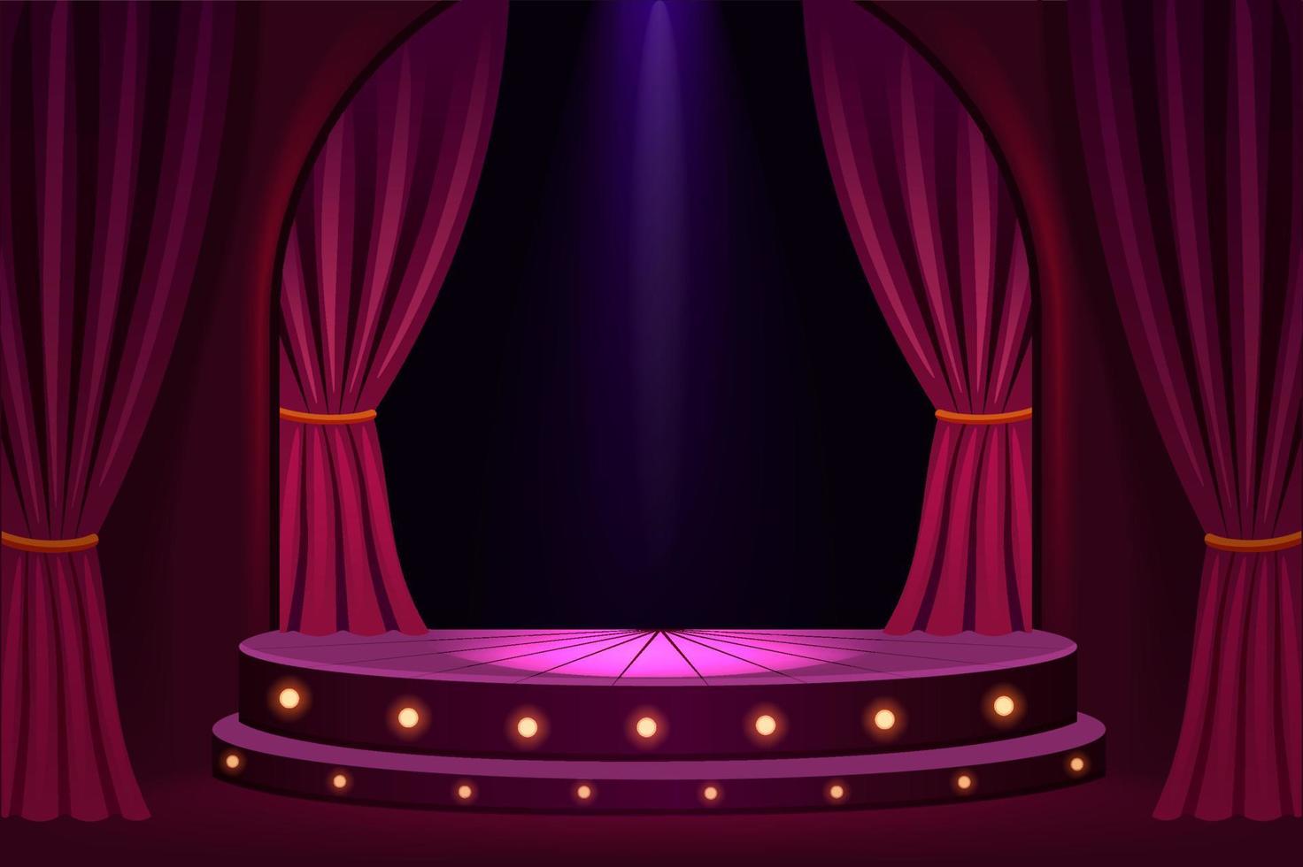 Illuminated stage in concert hall template. Festive show in trendy club with velvet curtains and platform lights vintage presentation in vector theater