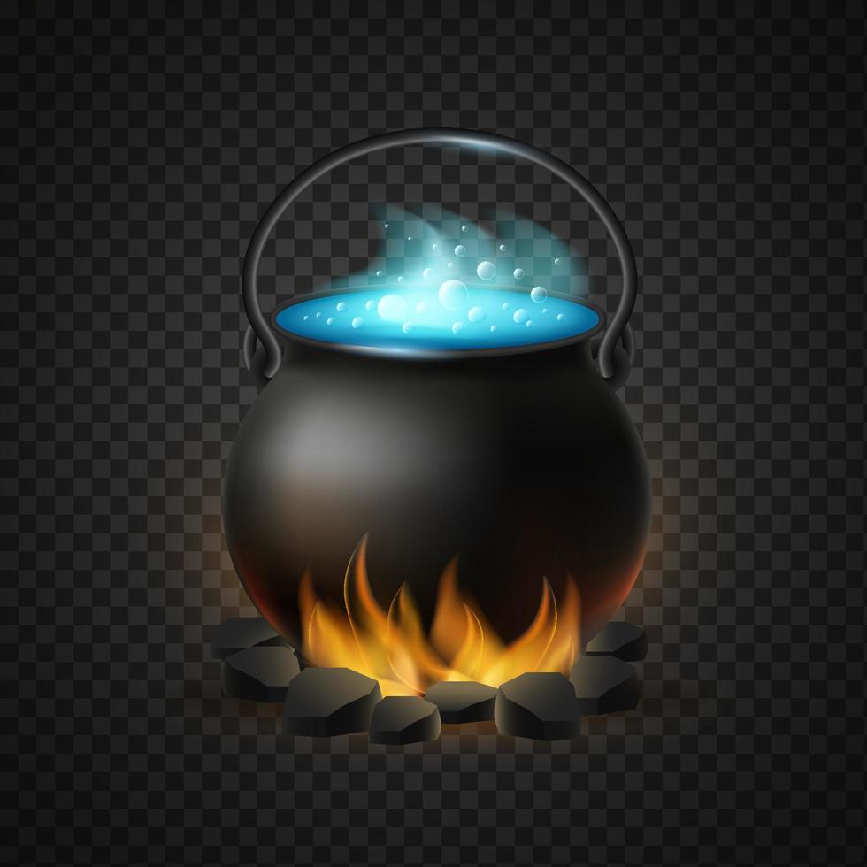 Boiling cauldron of magic potion isolated. Warming up burning black coals of pot of blue bubbling potion vector