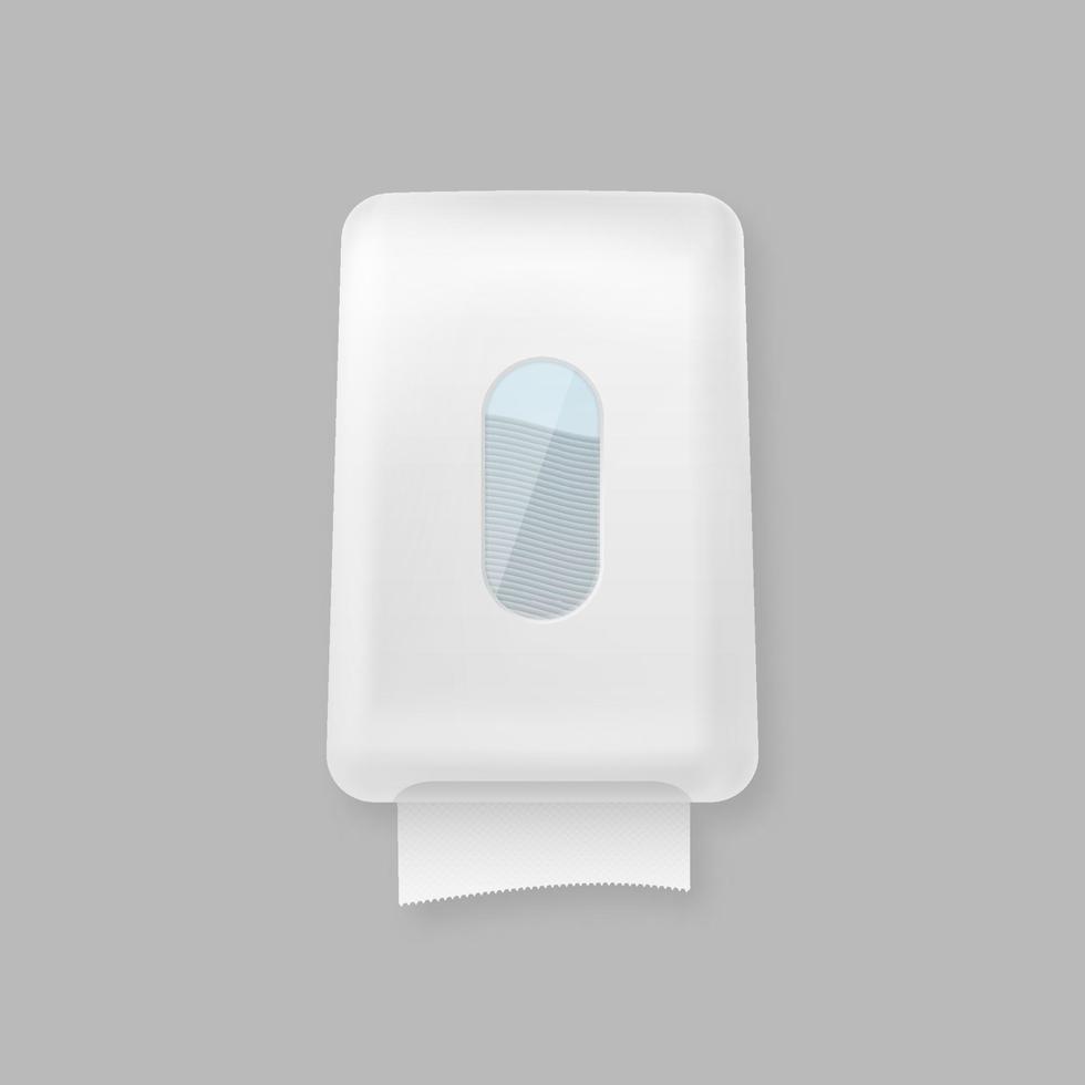 White dispenser for paper towels mockup. Antibacterial sanitary paper and napkin dispenser device vector