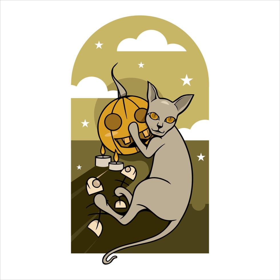 gato abrazando una calabaza adecuada para decoración, fondo, pegatina. feliz Halloween. vector