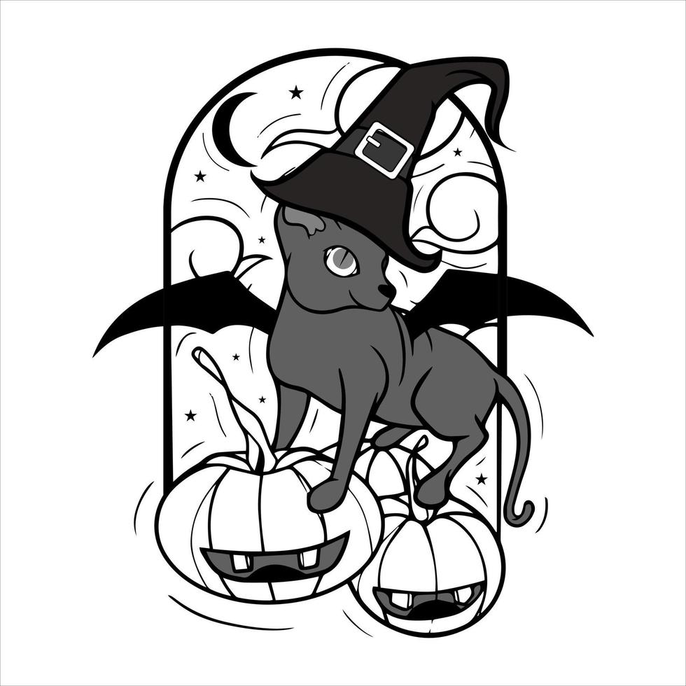 Cute black winged cat wearing a witch hat. Perfect for your Halloween design elements. vector