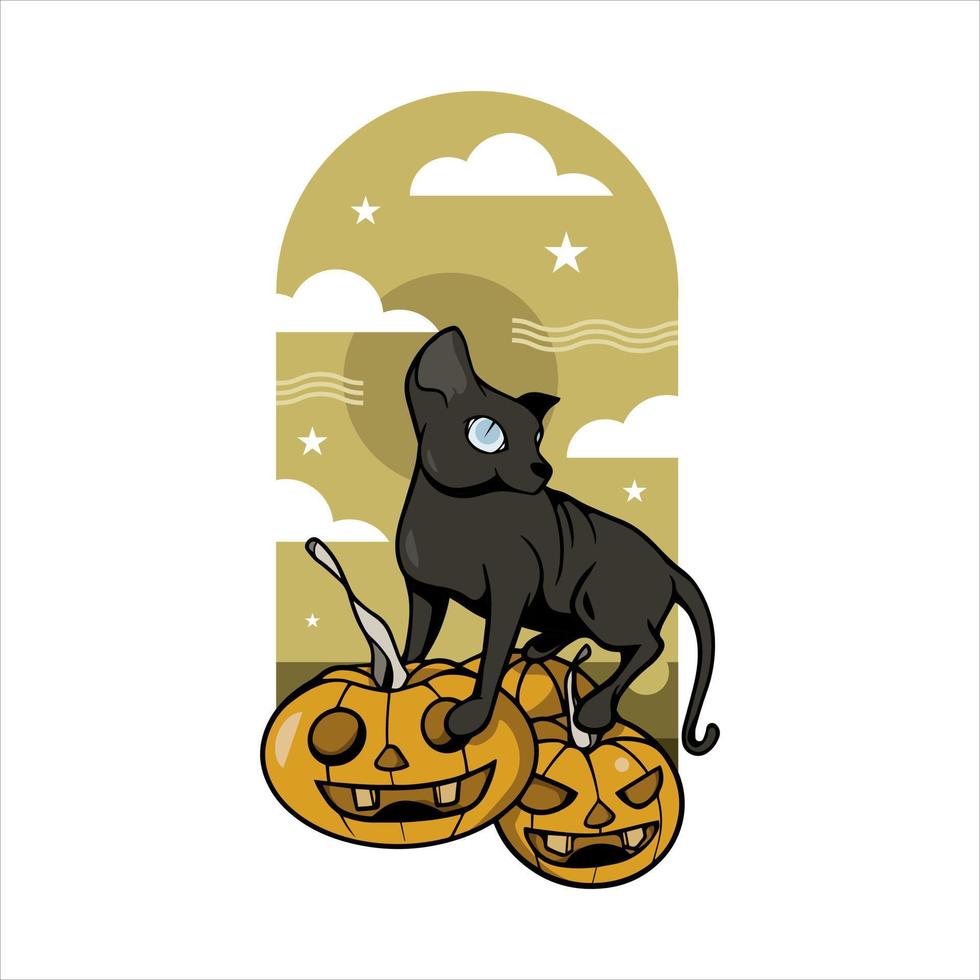 gato negro de pie sobre una calabaza. adecuado para decoración, fondo, pegatina. feliz Halloween vector