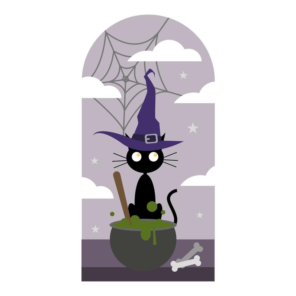 Cute black cat wearing witch hat is stirring magic potion. Perfect for your Halloween design elements. vector