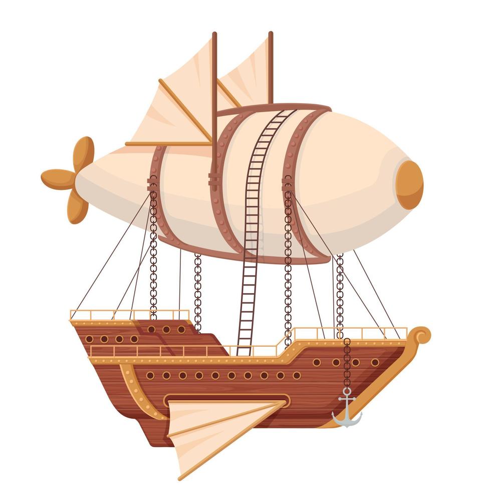 Flying ship airship. Futuristic ship with wings and balloon in technopunk style wooden hull with portholes and anchor balloon is fixed with vector chains hinged cartoon ladder.