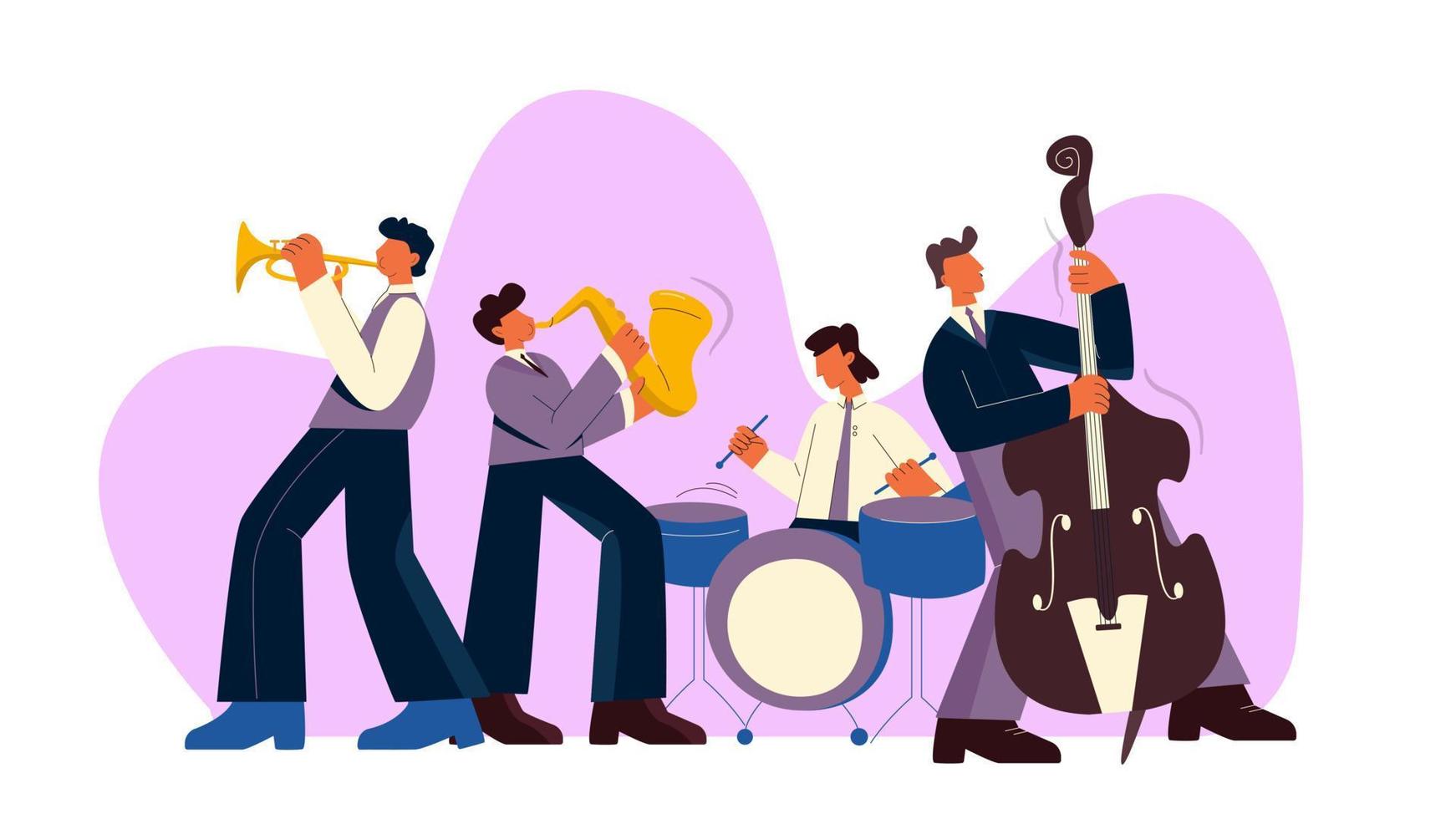 banda de jazz de dibujos animados toca música en saxofón, trompeta, batería y bajo vector ilustración plana