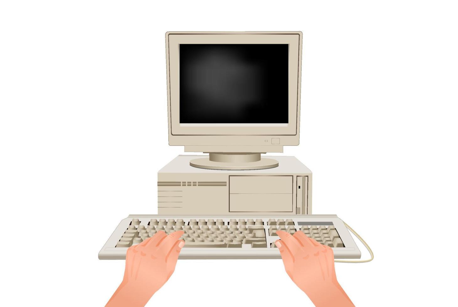 las manos están escribiendo en el teclado de la computadora. lugar de trabajo en línea detrás de equipos con estilo de pc retro para el uso moderno de marketing de vectores de negocios de comunicación de trabajo web.