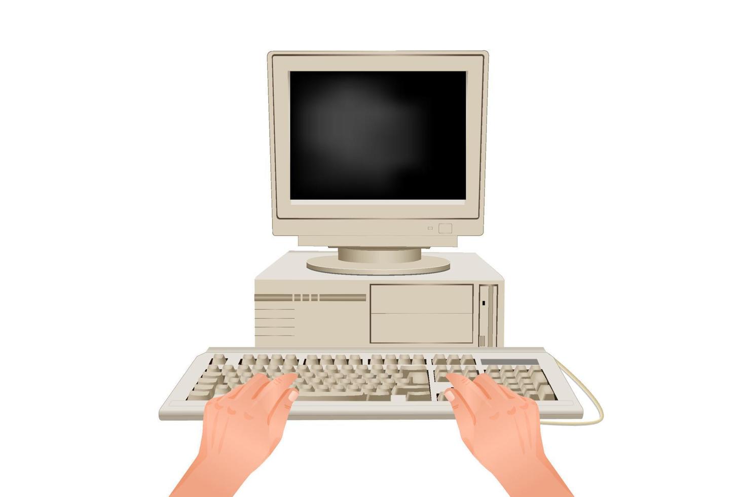 Hands are typing on computer keyboard. Online workplace behind retro pc stylish equipment for modern web work communication business vector marketing use.