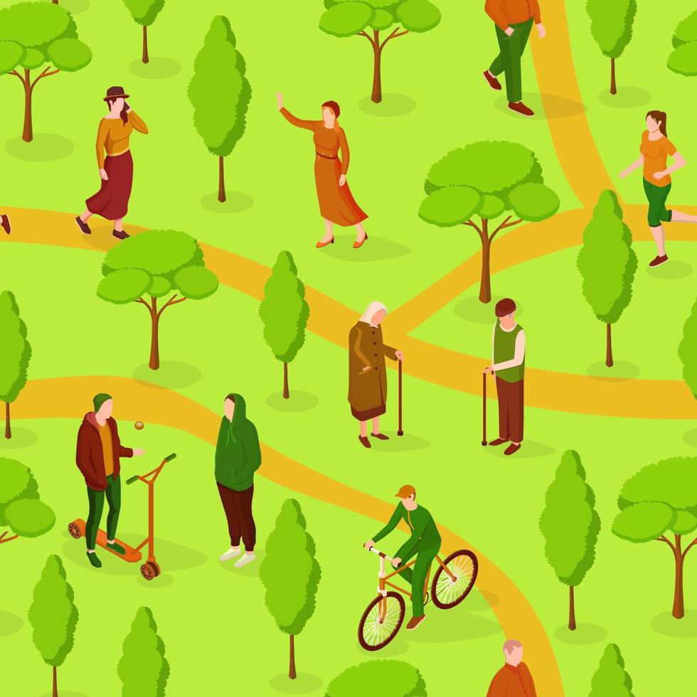 People walk in park isometric seamless pattern. Elderly male and female character with sticks walking between green trees. vector