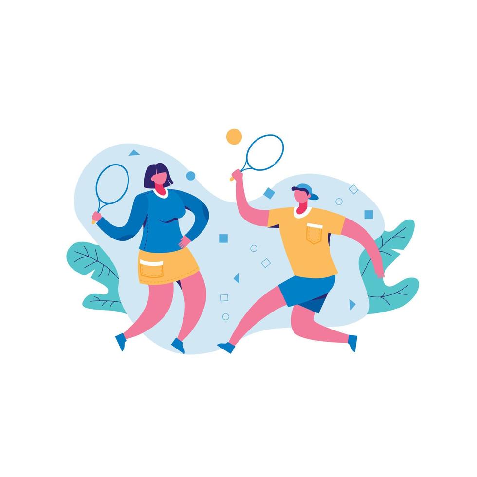 Active man and woman playing volleyball outdoor holding rackets enjoying physical activity vector