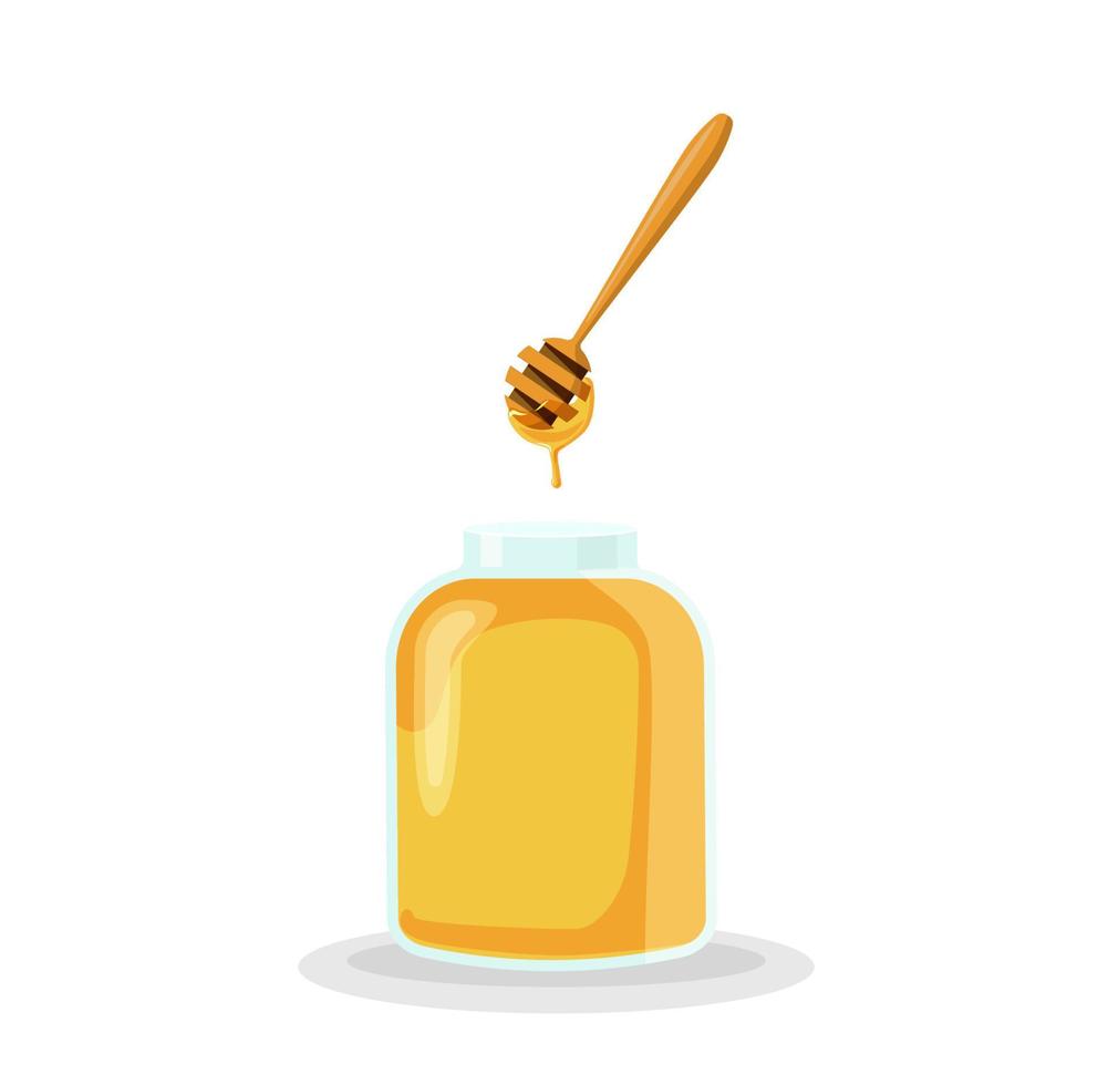 miel dorada que fluye de los palos a la ilustración del tarro. néctar dulce amarillo en cristalería llena y cuchara líquido vector amarillo.