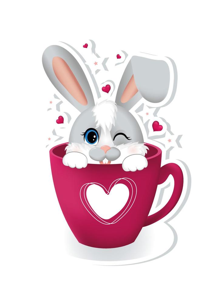 Sticker with pink hearts and little rabbit or hare, sitting in the cup. vector