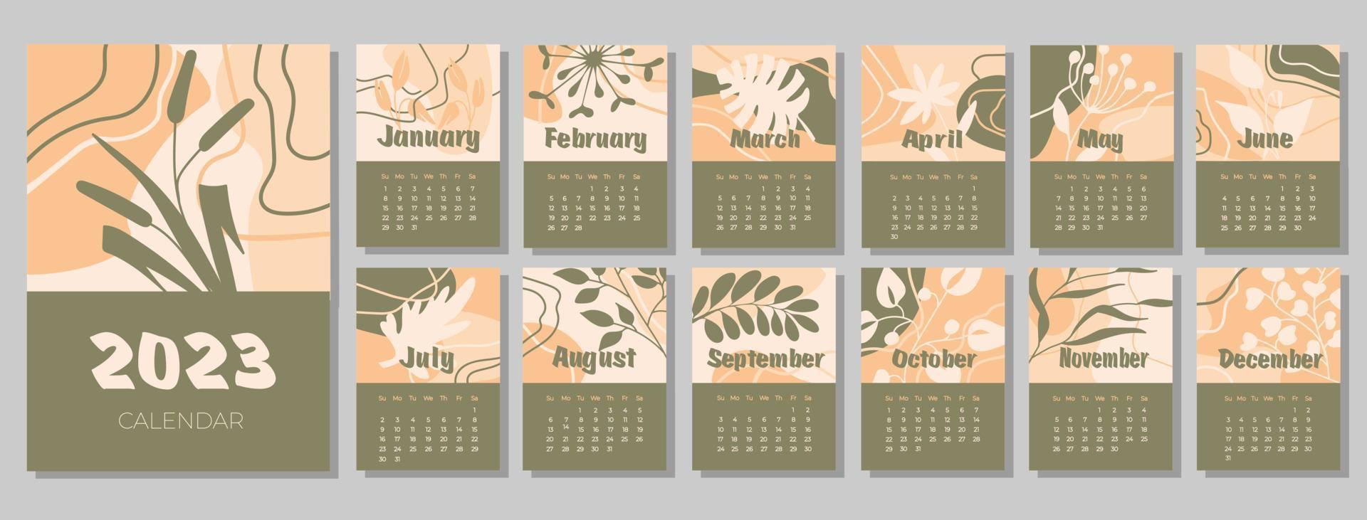 Calendar 2023 with abstract plants. Week starts on Sunday. vector